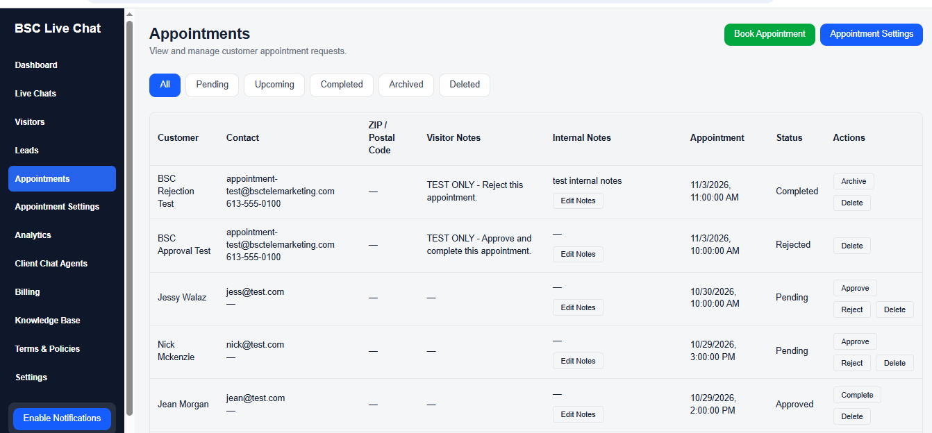 BSC Client Portal appointment management dashboard