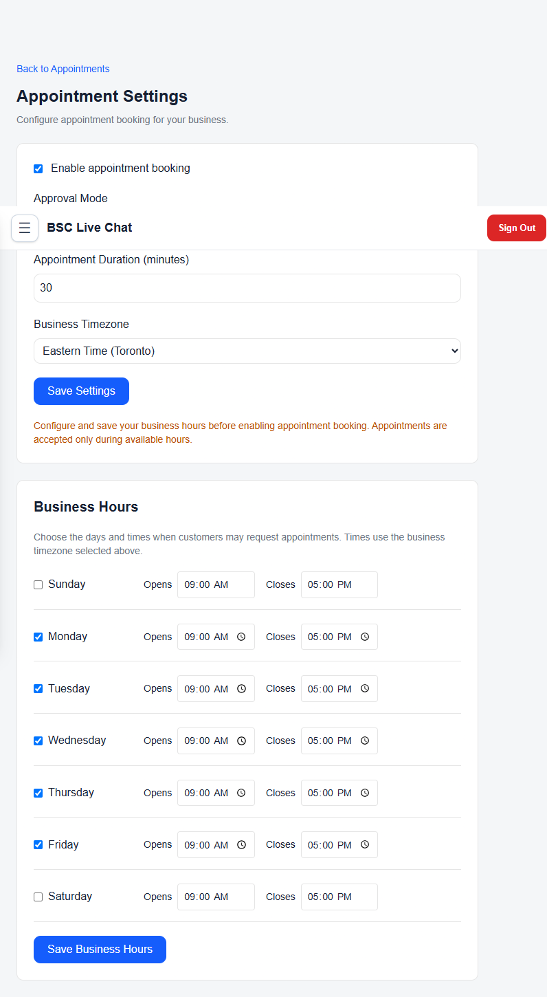 BSC Appointment Settings showing business hours and booking availability controls